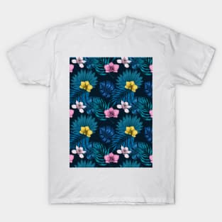 Orchids and palm leaves, pink, yellow and blue T-Shirt